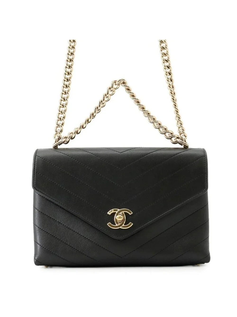 Chanel Chain Shoulder Bag Blanc CC Logo Leather Stitch Black 2-Way